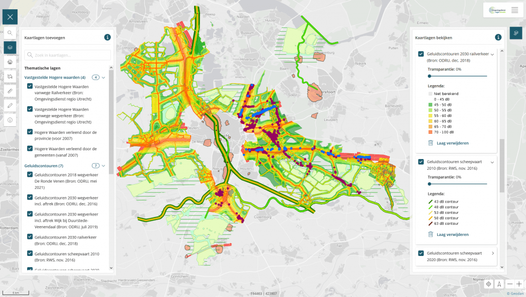 Schermafdruk van de volledige geluidskaart regio Utrecht op het Geoportaal van de ODRU. 